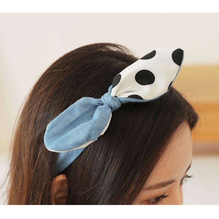 カチューシャ 大人 リボン 髪飾り ドット 水玉 水色 ホワイト