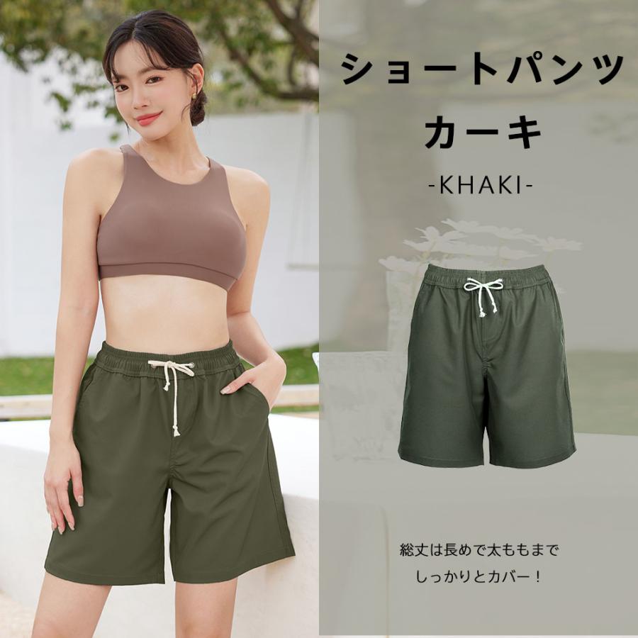 カーキ　リブ編み ショートパンツ ワンタックコットンショートパンツ(カーキ) | レディース