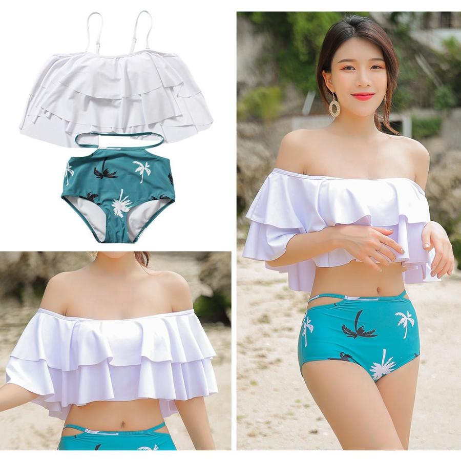 水着 レディース 体型カバー オフショルダー ビキニ フレア バンドゥ