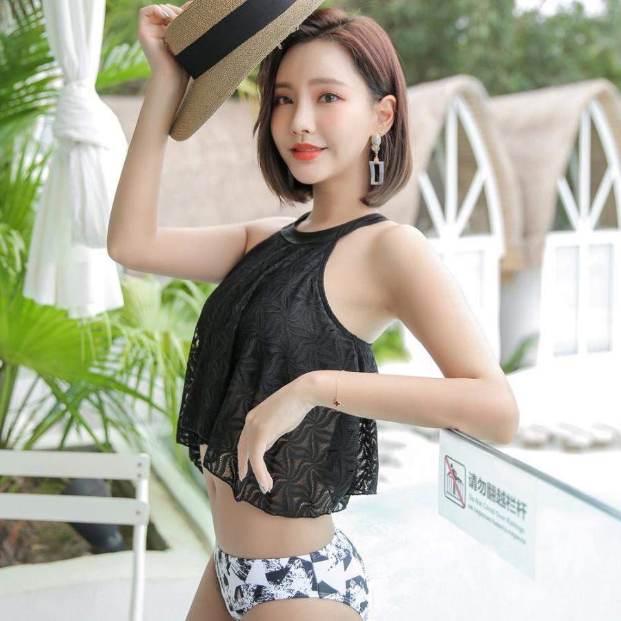 水着 レディース 3点セット ハイネック レース トップス スカート付き