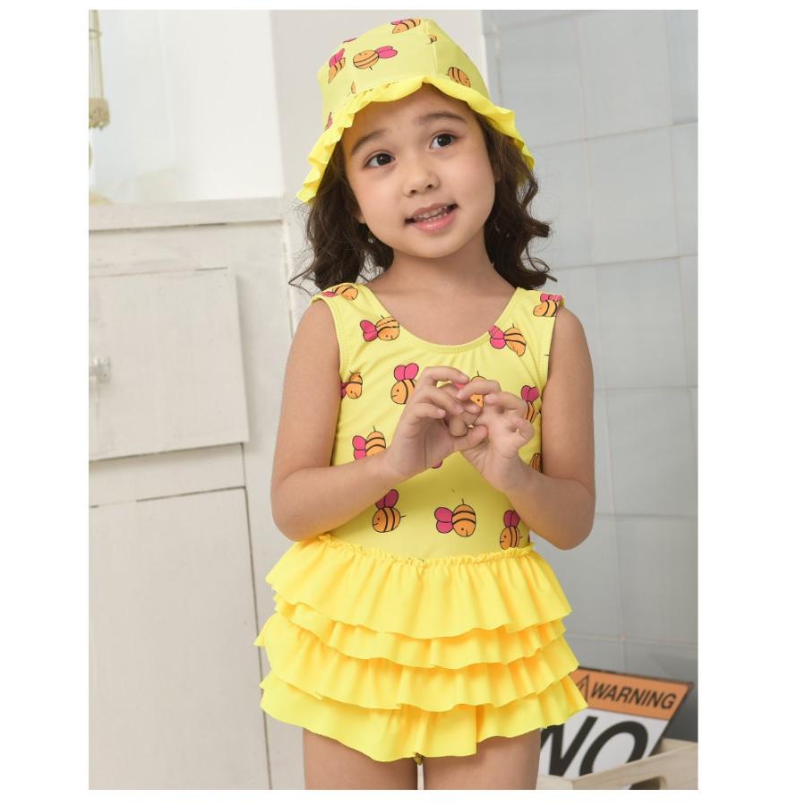 キッズ水着 女の子 キッズ ワンピース水着 帽子付き フリルスカート  