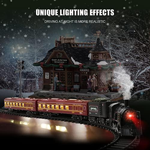 Hot Bee ホットビー 鉄道模型セット 男の子用 金属合金電気列車 蒸気機関車付き 乗客車&トラック 煙/音/ライト付き クリスマス 並行輸入 レッド