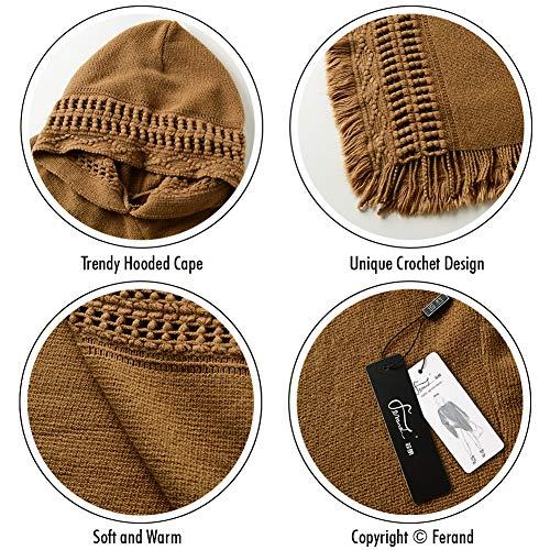 オンライン直売 Ferand フリンジ裾、女性のためのかぎ針編みポンチョ編みパターンとレディースフード付きケープ キャメル 並行輸入