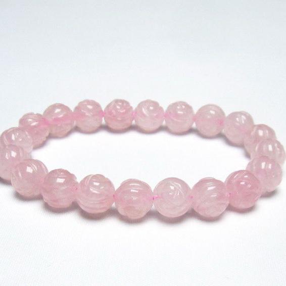 パワーストーン 天然石 ローズクォーツ手彫りハスブレスレット10mm