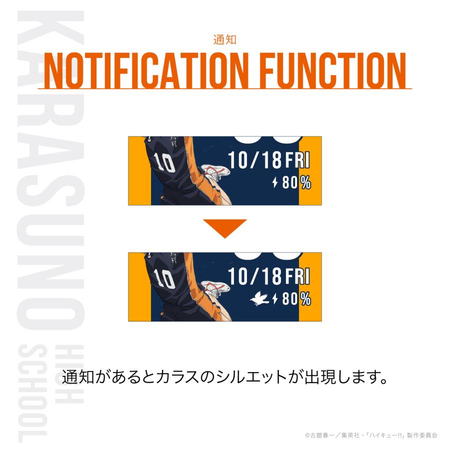 【歩数でキャラ変化】ハイキュー!! スマートウォッチ バンド 烏野音駒 心拍達成で「飛べ」や「繋げ」出現 カロリーでキャラ/通知でマスコット登場 睡眠/血中酸素の画像