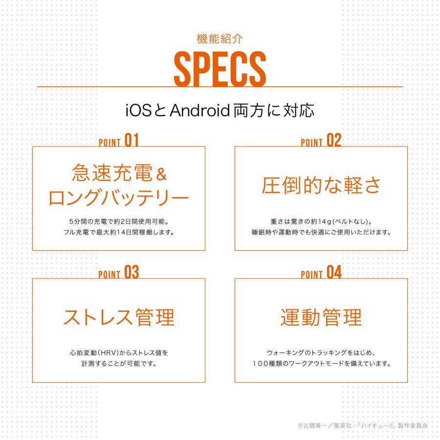 【歩数でキャラ変化】ハイキュー!! スマートウォッチ バンド 烏野音駒 心拍達成で「飛べ」や「繋げ」出現 カロリーでキャラ/通知でマスコット登場 睡眠/血中酸素の画像
