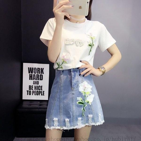 新しいコレクション セットアップ レディース 上下セット 半袖ｔシャツ デニムスカート 2点セット 刺繍柄 ルームウェア 大きいサイズ 春夏新作 セットアップ 色 図の通り Iceenergy Nl
