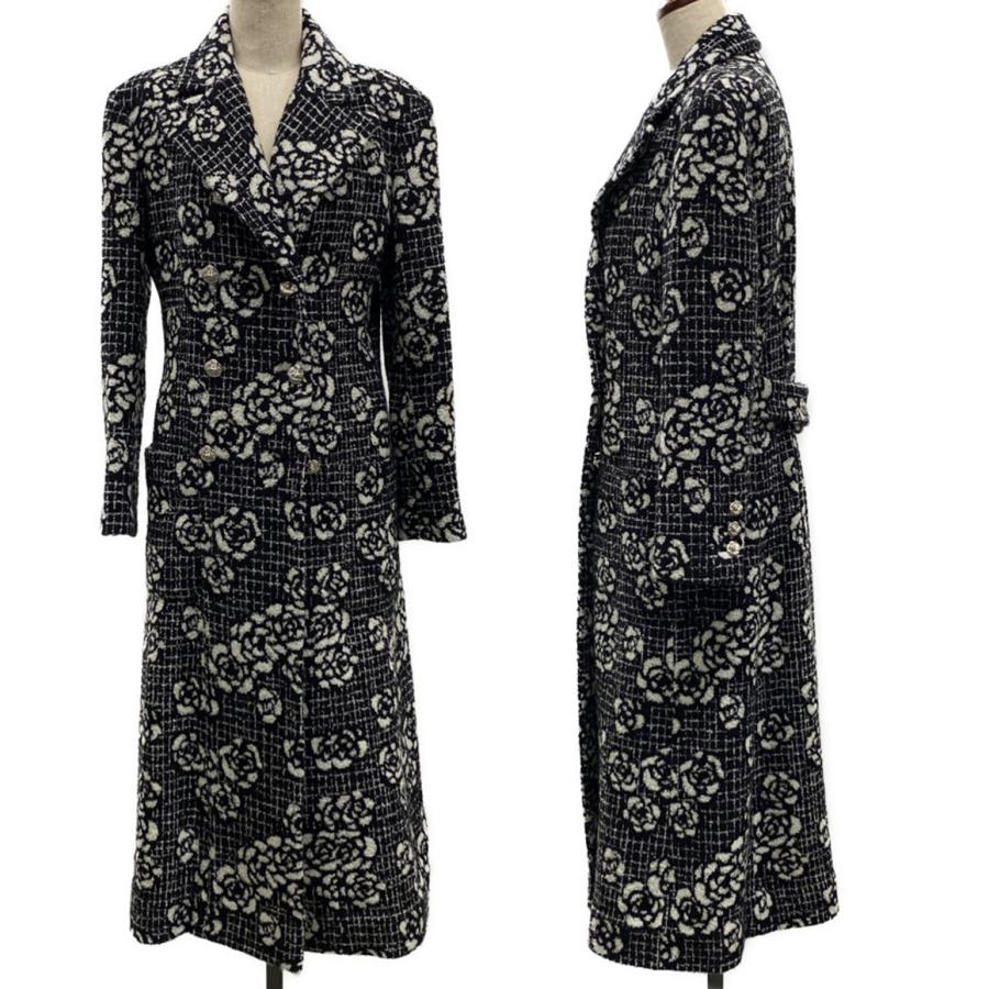 【極美品】CHANEL シャネル ノーカラー ロングコート 金ボタン 花柄 36 極美品】CHANEL シャネル ノーカラー ロングコート 金ボタン 花