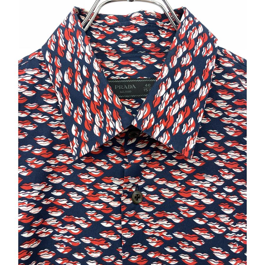 プラダ 長袖シャツ ネイビー リップ総柄 UCM608 15SS メンズ SIZE 40