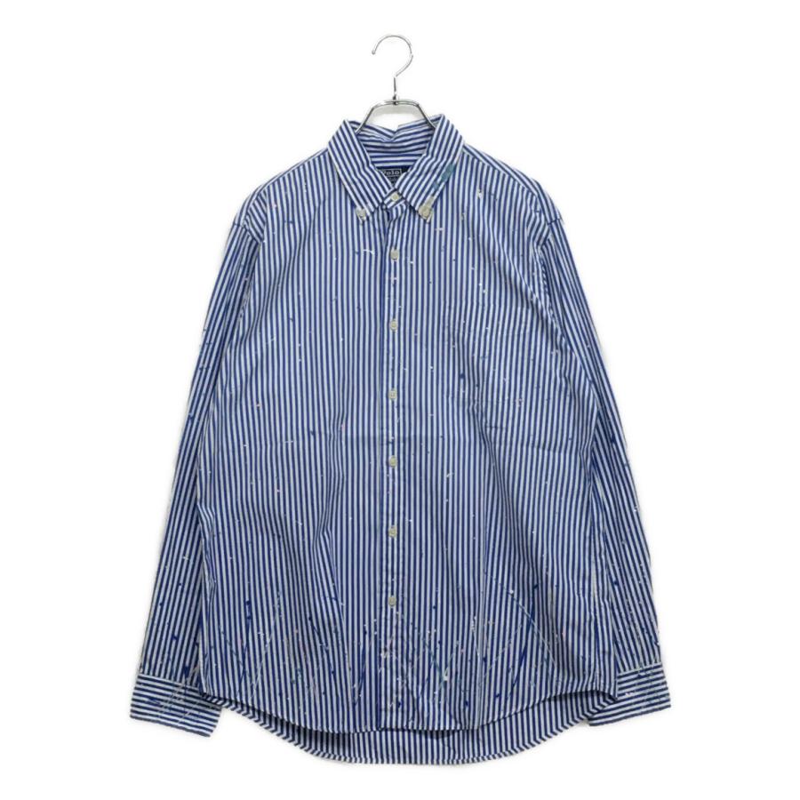 美品✨ポロラルフローレン 長袖　ストライプシャツ ペイントXS ブルー現行　ロゴ 美品 ポロ・ラルフローレン 長袖シャツ ペイント ストライプ ポプリン