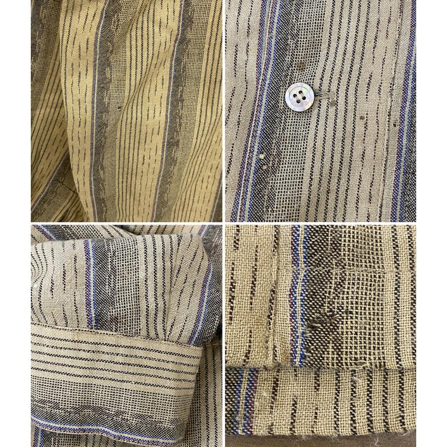 80s 筆タグ　イッセイミヤケ　長袖開襟シャツ　粗織りウールキャンバス　ベージュ ISSEY MIYAKE（イッセイミヤケ） 長袖シャツ 初期タグ ストライプ