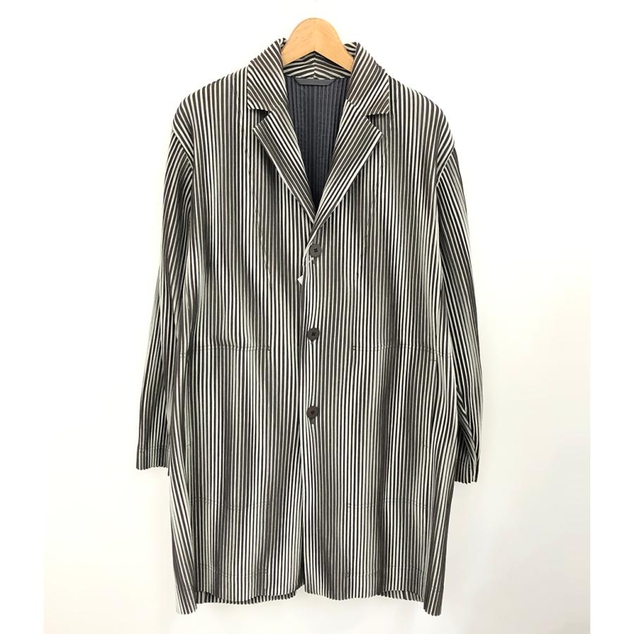 美品 オム プリッセ イッセイミヤケ ストライプチェスターコート  