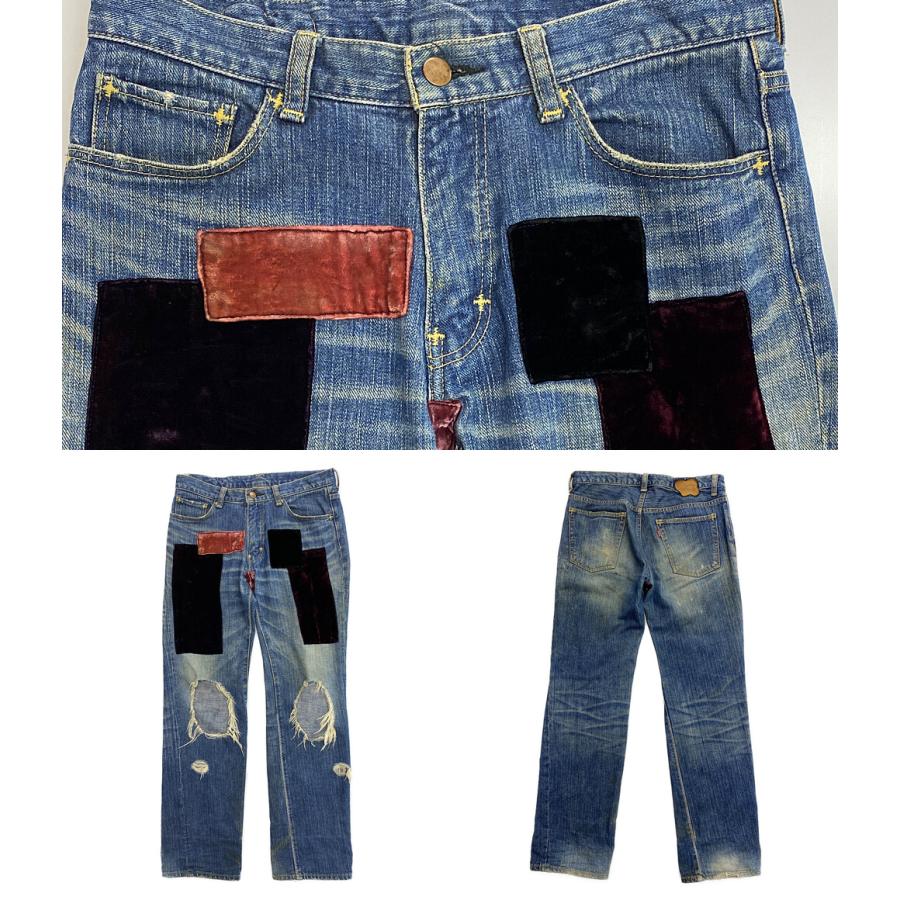 エヌエヌバイナンバーナイン デニムパンツ ベロアパッチワークデニム