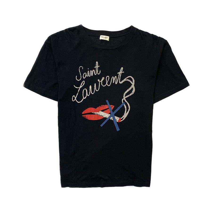 SAINT LAURENT PARIS サンローラン パリ Tシャツ ブラック 黒 サイズ:M | ロゴ 刺繍 モノグラム Tシャツ / カットソー | 半袖 ラウンドネック ウールジャージ―  | イタリア製 | トップス【レディース】【中古】 SAINT LAURENT PARIS】【イタリア製】【トップス】サンローランパリ