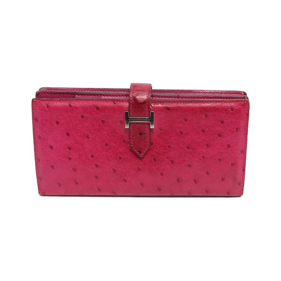 エルメス 二つ折り長財布 オーストリッチ ピンク C刻印 シルバー金具