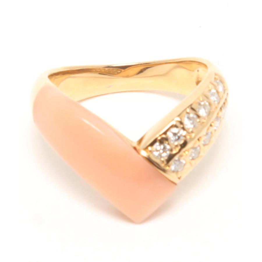 美品 リング 指輪 K18 ダイヤ 0.23ct コーラル サンゴ レディース SIZE 