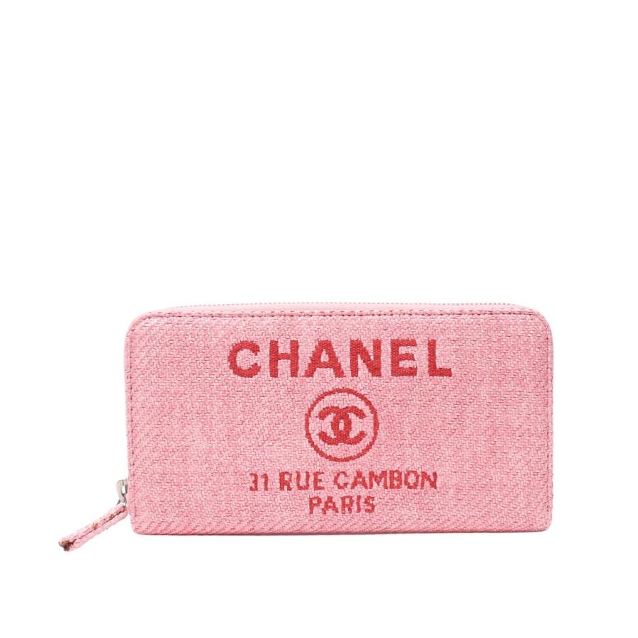 美品 シャネル ラウンドファスナー長財布 ストローキャンバスレザー  