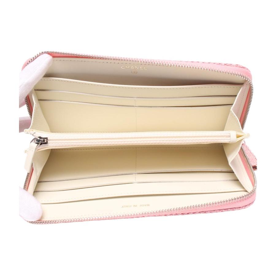 美品 シャネル ラウンドファスナー長財布 ストローキャンバスレザー  