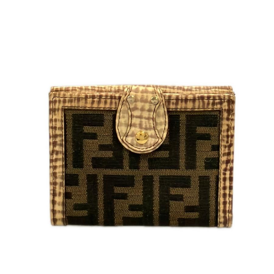 【未使用品】FENDI Wホック 二つ折り財布 ズッカ 茶×黒 キャンバスレザー フェンディ 二つ折り財布 Wホック ズッカ レディース FENDI 中古
