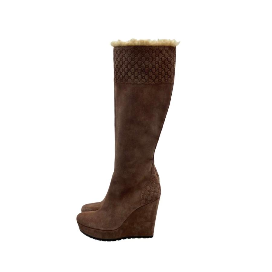 美品 GUCCI グッチ ロングブーツ GGシマレザー ダークブラウン 36.5 グッチ ロングブーツ ウェッジソール レディース SIZE 36 1/2 (23.5cm