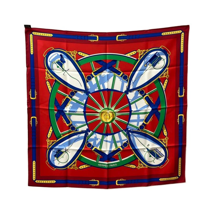 美品 エルメス スカーフ カレ90 シルク100% 自由への車輪 En Roue