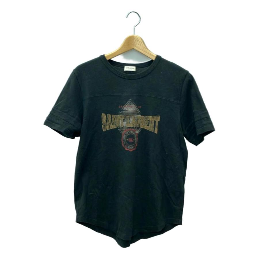 SAINT LAURENT 黒 ダメージ加工ロゴTシャツ サンローラン SAINT LAURENT サンダー ロゴ ダメージ加工 Tシャツ
