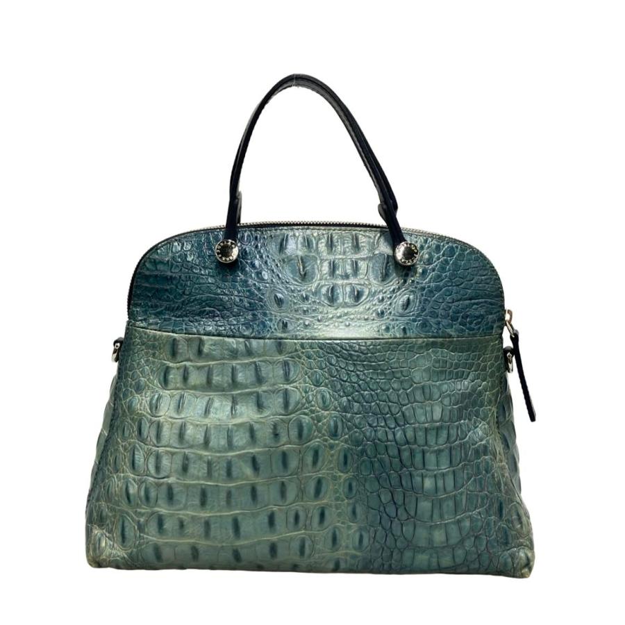 極美品 FURLA クロコ型押し ハンドバッグ ブラック チャーム e784 中古・古着通販】FURLA (フルラ) クロコ型押しハンドバッグ