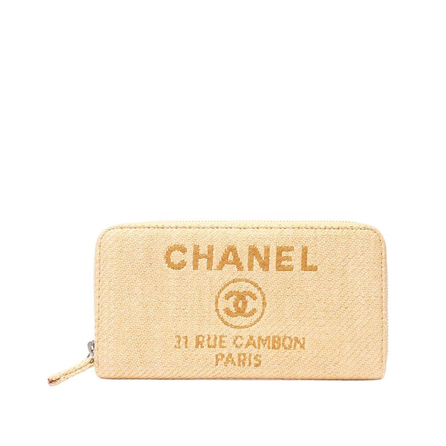 美品 シャネル ラウンドファスナー長財布 ストローキャンバスレザー  