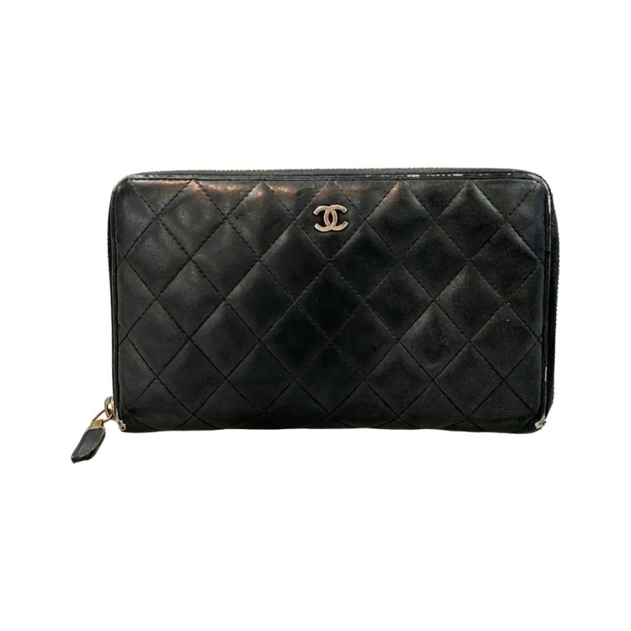 訳あり シャネル ラウンドファスナー長財布 シルバー金具 マトラッセ  