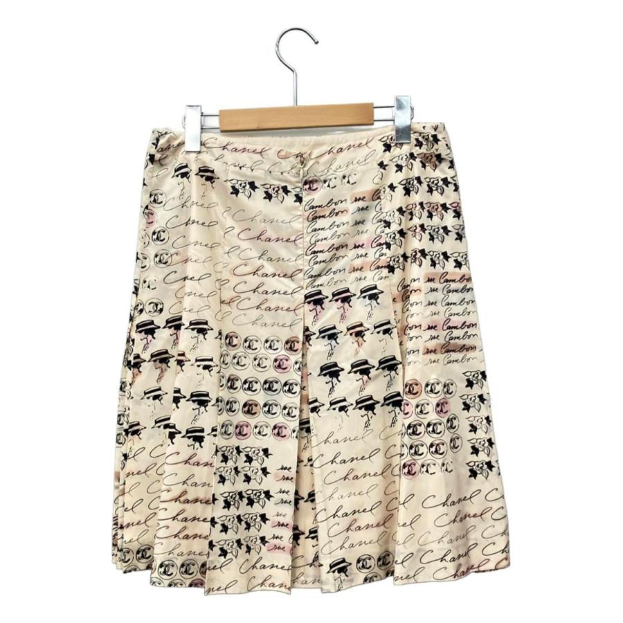 美品　シャネル　シルクスカート　40サイズ 美品 シャネル アイコンプリント シルクスカート レディース
