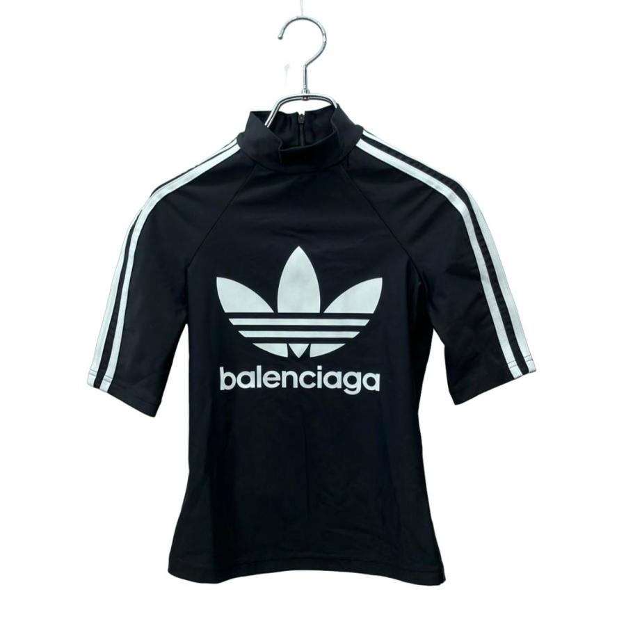 美品 バレンシアガ アディダス 半袖Tシャツ モックネック 後ジップアップ レディース SIZE 34 (XS) BALENCIAGA adidas 美品 バレンシアガ アディダス 半袖Tシャツ モックネック 後ジップ