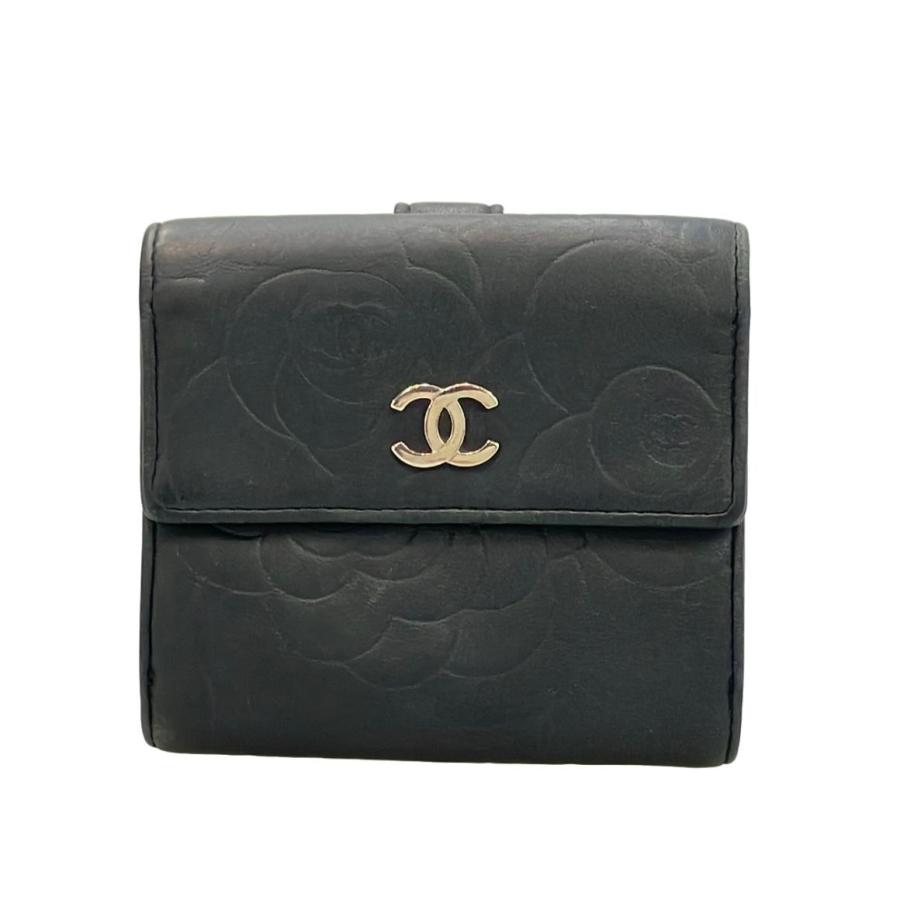 シャネル CHANEL 財布 二つ折り 黒 シルバー カメリア 正規品 シャネル 二つ折り財布 シルバー金具 カメリア レディース CHANEL 中古