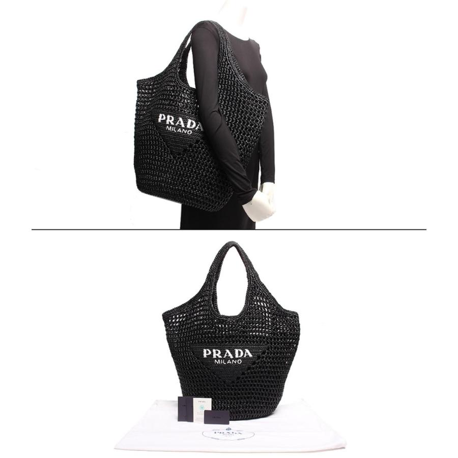 正規品　プラダ　ラフィア　クロシェ トートバッグ かごバッグ 未使用 雑誌掲載】PRADA◇ラフィア風 クロシェ編み トートバッグ ロゴ