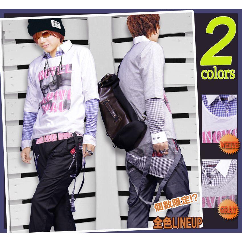 デザインチェックシャツ＋5分袖フォトプリントTシャツ チェックシャツ  