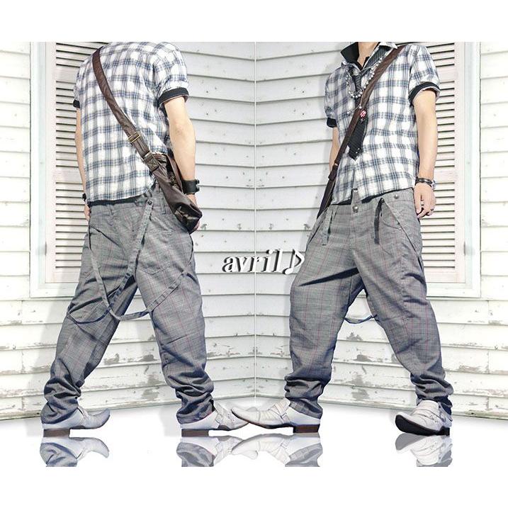 サルエルパンツ メンズ 2way サスペンダー GRAYチェック ボトムス