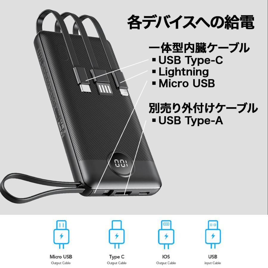 4台同時に充電 ケーブル一体収納型 USB-A・C/ Micro USB/ Lightning 大容量モバイルバッテリー 10000mAh スマートフォン・タブレット対応 VEGER Power Bank C10｜hull-tsuhan｜03