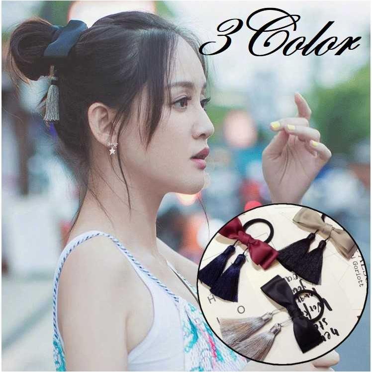 送料無料 二重 リボン タッセル付 エレガント ヘアゴム ヘアアクセ