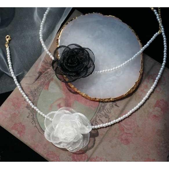 送料無料 チョーカー オーガンジーローズ パール バラ ブラック