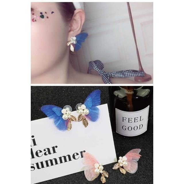 送料無料 3点以上50％オフ ピアス パール ビジュー シフォン 蝶