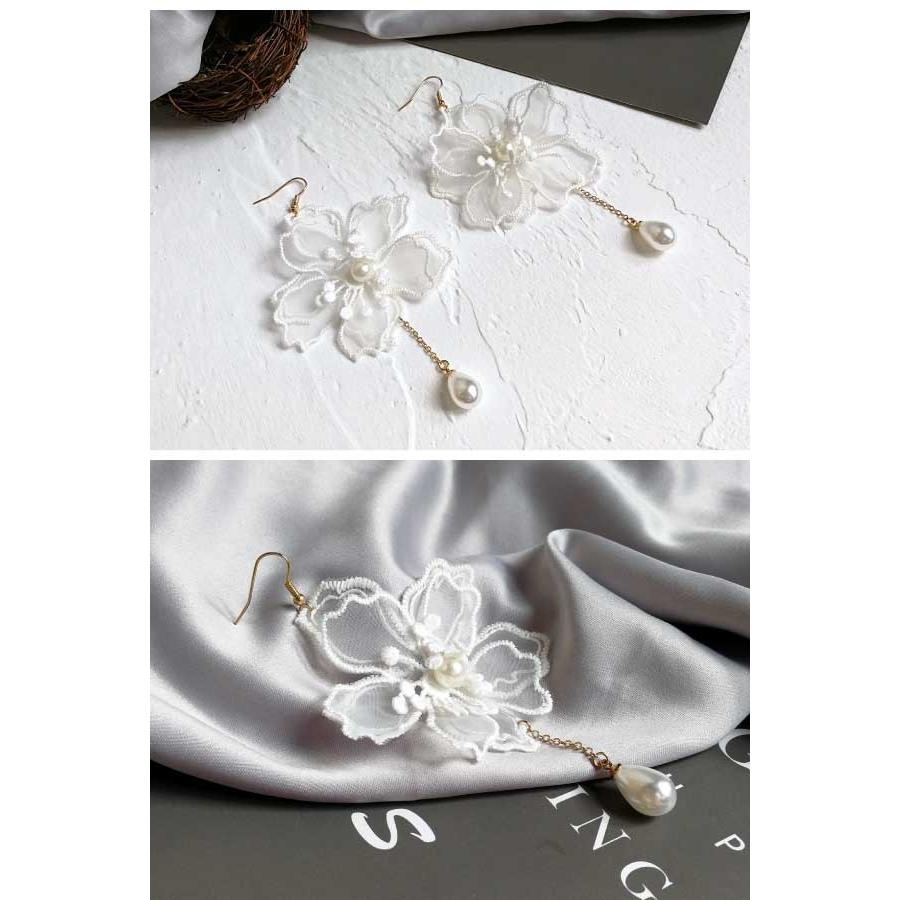 送料無料 シフォン フラワー パール付き ピアス エレガント