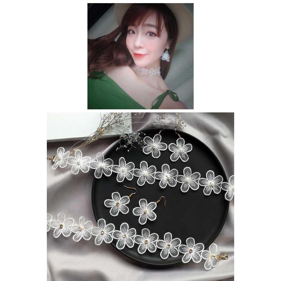 送料無料 シフォン フラワー チョーカー ピアス セット ネックレス