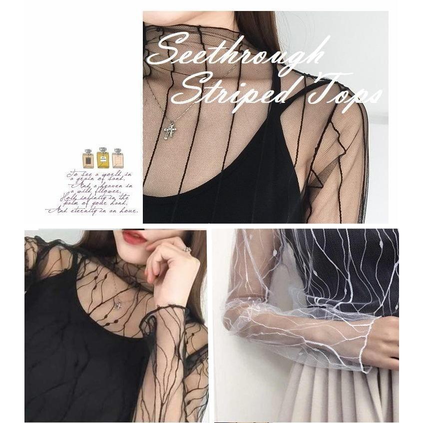 送料無料 シースルー トップス ストライプ ウェーブ長袖 チュール