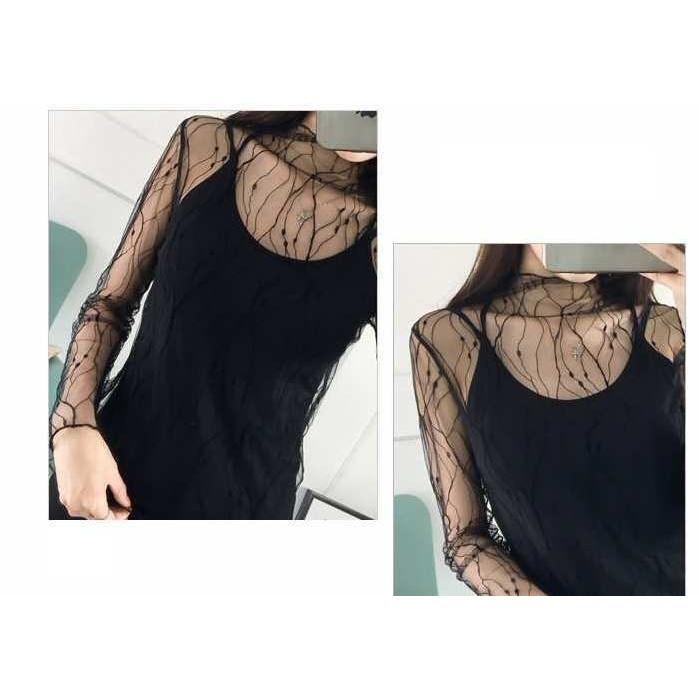 送料無料 シースルー トップス ストライプ ウェーブ長袖 チュール