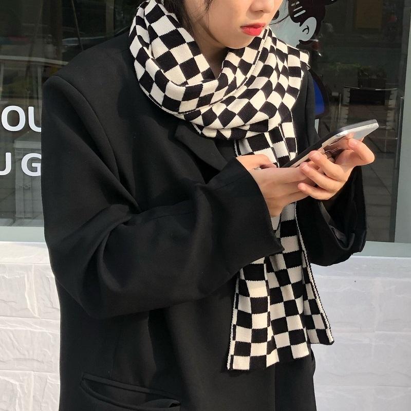 送料無料 マフラー ブロックチェック ストール 格子柄 秋冬 ニット