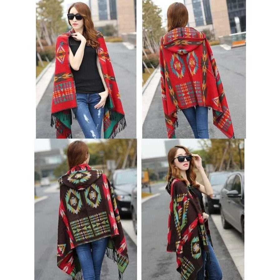 フード付 ポンチョ 幾何学模様 秋冬 大判 エスニック ショール