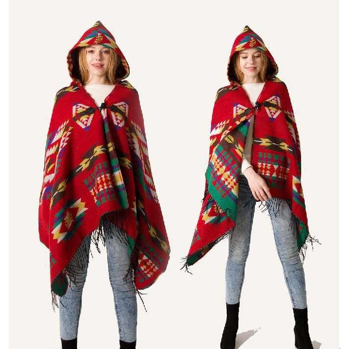 フード付 ポンチョ 幾何学模様 秋冬 大判 エスニック ショール