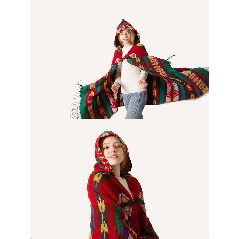 フード付 ポンチョ 幾何学模様 秋冬 大判 エスニック ショール