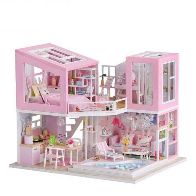 ドールハウス キット ピンクの二階建てのお家 プール 夏 女の子 DIY