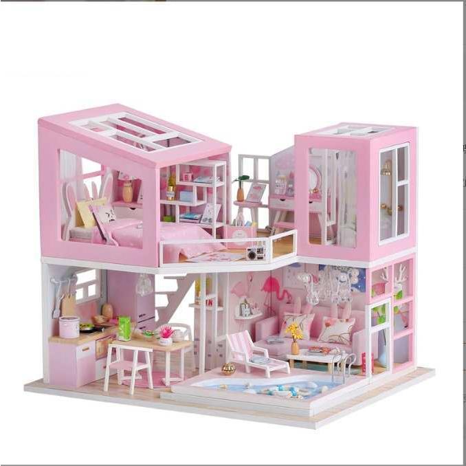 ドールハウス キット ピンクの二階建てのお家 プール 夏 女の子 DIY