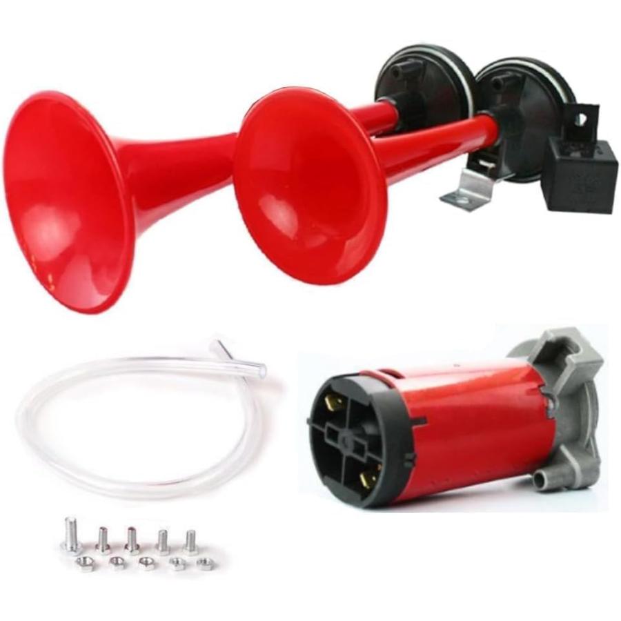ホーン 12v 2連 ヤンキーホーン 車 クラクション エアホーン クラクション レッド ラッパ 爆音 エアーホーン コンプレッサー ミュージックホーン | ブランド登録なし | 03
